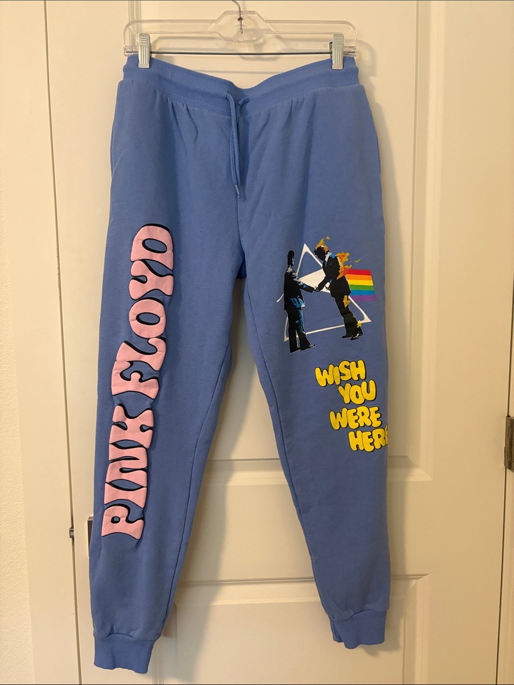 Pink Floyd Blue Sweatpants with Pink and Yellow Graphics